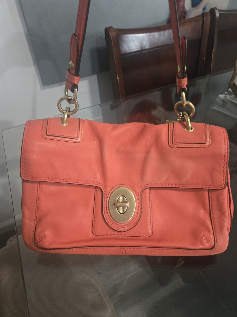 Authentic Coach Peyton Leather Flap Shoulder Bag #14524 in Orange Melon